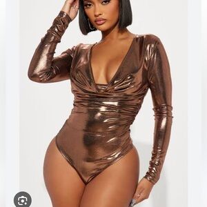 Fashion Nova Cassandra Metallic Bodysuit Bronze metallic gold cowl neck 1X NWOT